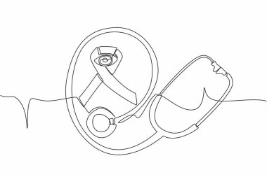 Stetoskop çemberinin içinde, kampanya kurdele çemberinin ortasında gözü sürekli bir çizgi çiziyor. Göz sağlığı farkındalığı. Dünya Glaucoma Günü. Tek çizgi çizimi tasarım vektör çizimi