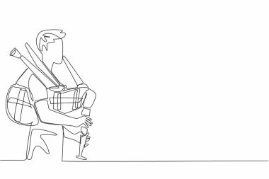 Geleneksel müzik aleti gayda çalan tek sıra halinde genç bir adam. Üfleyerek çal. İskoçya 'nın özellikleri. Uluslararası Gayda Günü. Bir çizgi tasarımı vektör illüstrasyonu