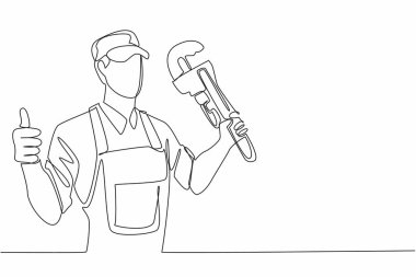 Tek sıra halinde muslukçu elinde büyük bir ingiliz anahtarıyla el hareketi yapıyor. Yeni su boru hattı inşaatı onaylandı. Daha verimli olmak için. Dünya Tesisat Günü. Bir çizgi tasarımı vektör illüstrasyonu