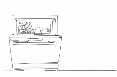 Tek sıra halinde, kapağı kısmen açık bulaşık makinesi çiziyor. Gelişmiş teknoloji iç mekanı. Özetle temiz. Ulusal Bulaşıkçı Takdir Günü. Devamlı çizgi tasarımı grafik çizimi