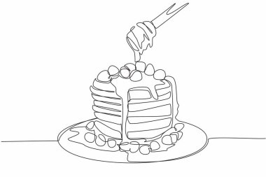Tek sıra halinde, bal serpiştirilmiş bir tabakta leziz krep servis ediliyor. Yaban mersinli. Doğal tatlı tat. Ulusal Kek Günü. Devamlı çizgi tasarımı grafik çizimi