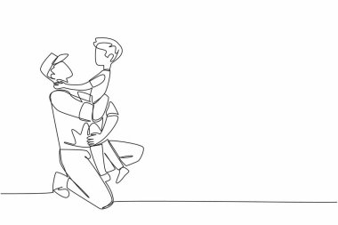 Devamlı bir çizgi, asker babasına asker şapkasıyla sarılıyor. Diz çök! Dikkatlice sevgiyle bak. Özlem salıyor. Ulusal bir asker sarılması. İyi günler. Tek çizgi çizimi tasarım vektör çizimi