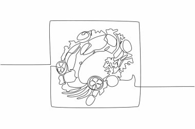 Tek sıra halinde, kare bir tabağa yengeç çiziyor. Tabağı güzelleştirmek için süslemeler var. Yüksek proteinli yiyecekler. Lezzetli. Ulusal Yengeç Günü. Bir çizgi tasarımı vektör illüstrasyonu