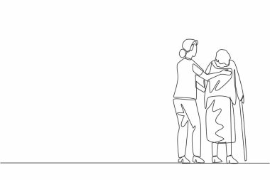 Arkaya bakan bir çizgi, yaşlı büyükanneyi yürüten bir bakıcı kadın. Çubuk yürüyen bir araçtır. Bağlılık. Bakıcı Takdir Günü. Tek çizgi çizimi tasarım vektör çizimi