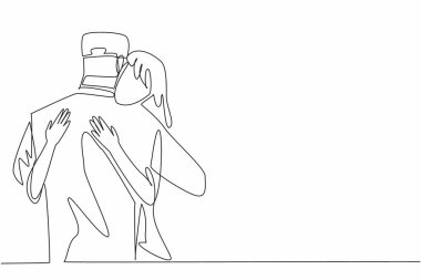 Aralıksız bir çizgi çizen kadın, asker olan kocasını kucaklıyor. Savaş meydanında hizmet ettikten sonra özlemini serbest bırakmak. Tatil günü. Ulusal bir asker sarılması. İyi günler. Tek çizgi çizimi tasarım vektör çizimi