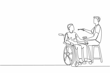 Bakıcının çizdiği tek çizgi oturur ve yaşlı bir büyükbabanın tekerlekli sandalyede oturduğu kaşıkla beslenir. En iyi bakımı sağlıyorum. Bakıcı Takdir Günü. Devamlı çizgi tasarımı grafik çizimi