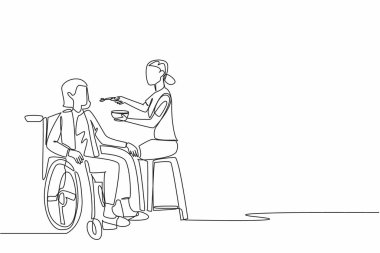 Bakıcı sürekli tek sıra halinde oturur ve tekerlekli sandalyede oturan yaşlı bir büyükanneyi besler. Tüm kalbimle önemsiyorum. Terapi. Bakıcı Takdir Günü. Bir çizgi tasarımı vektör illüstrasyonu