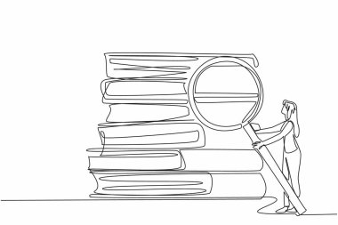 Devamlı çizen bir kadın büyük bir büyüteç tutuyor ve devasa bir kitap yığınını işaret ediyor. Yeni bir şey öğren. - Bilgi. Ulusal Dilbilgisi Günü. Tek çizgi çizimi tasarım vektör çizimi