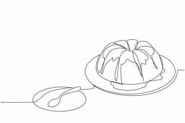 Tek sıra halinde küçük kek tabağına vanilyalı kek kreması ve kek kepçesi çiziyor. Lezzetli bir tatlı. Lezzetli. Ulusal Pasta Günü. Devamlı çizgi tasarımı grafik çizimi