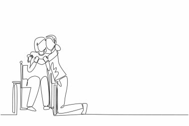 Bakıcı sürekli olarak diz çöker ve tekerlekli sandalyede oturan yaşlı büyükanneyi kucaklar. Değer verme duygusunu gösteriyor. Bakıcı Takdir Günü. Tek çizgi çizimi tasarım vektör çizimi