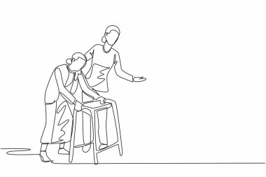 Bekçi çizen tek çizgi yürüteç kullanan yaşlı bir büyükanneye rehberlik eder. Kendini her zaman hasta sağlığına adamıştır. Bakıcı Takdir Günü. Devamlı çizgi tasarımı grafik çizimi