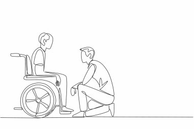 Bakıcının dizlerinin üstüne çöktüğü tek sıra. Tekerlekli sandalyede oturan yaşlı bir büyükbabayla konuşuyorum. En iyi bakımı sağlıyorum. Bakıcı Takdir Günü. Bir çizgi tasarımı vektör illüstrasyonu