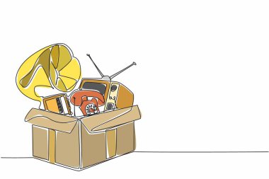 Antik televizyon, telefon, radyo gibi şeyleri karton kutuya çizmeye devam et. Artık çalışmayan klasik öğeleri toparlıyorum. Ulusal eski şeyler günü. Tek çizgi çizimi tasarım vektör çizimi