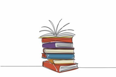 Bir yığın kitabın üzerine tek satır halinde açılış kitabı çizmek. Ders kitabı okuyarak eğitim öğrenme kavramı. Edebiyat. Amerika 'da Ulusal Okuma Günü. Bir çizgi tasarımı vektör illüstrasyonu