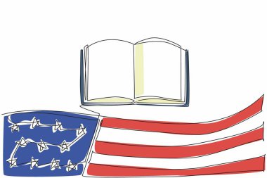 Tek bir satır Amerikan bayrağı yakınında açık bir kitap çiziyor. Akıllı bir ulus kitap okumaya alışkındır. Amerika 'da Ulusal Okuma Günü. Devamlı çizgi tasarımı grafik çizimi