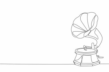 Tek sıra halinde gramofon çekiyoruz. Siyah diskler kullanan klasik müzik çalar. Geçmişten gelen teknoloji artık bir antika. Geçmişe dönüş. Eski model. Kayıtta. Ses geliyor. Bir çizgi tasarımı vektör illüstrasyonu