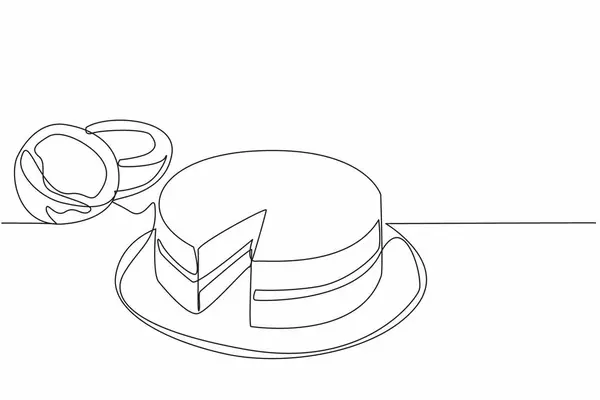 stock vector Continuous one line drawing the coconut torte sliced served on plate. The cut part has been taken to be enjoyed. Delectation. National Coconut Torte Day. Single line draw design vector illustration