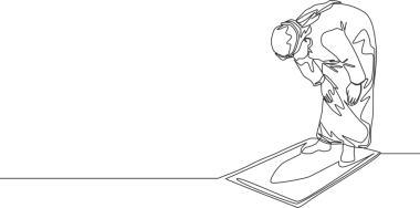 Müslümanların tek bir çizgisi, geleneksel Arap kumaşında Ruku pozisyonunda sajadah üzerine namaz kıldırıyor. Bayram Mübarek tebrik kartı konsepti kesintisiz çizgi çizim vektör çizimi illüstrasyonuName