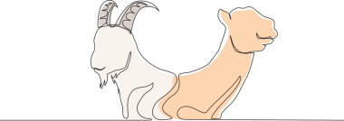 Keçi ve deve kafası tek sıra halinde çizilmiş. Müslüman bayramı, keçi, deve, koyun ve inek gibi bir hayvan kurban etmek, Kurban Bayramı tebrik kartı konsepti bir çizgi tasarım illüstrasyonu