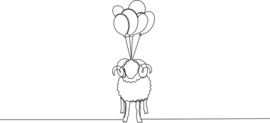 Koyunların tek bir çizgisi balonlarla gökyüzüne uçuyor. Müslüman bayramı bir hayvanı kurban etmek. Tanrım, Kurban Bayramı tebrik kartı konsepti devamlı çizgi çizimi tasarım illüstrasyonu