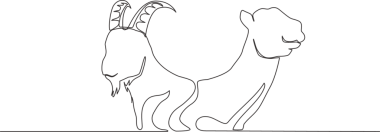 Keçi ve deve kafası tek sıra halinde çizilmiş. Müslüman bayramı, keçi, deve, koyun ve inek gibi bir hayvan kurban etmek, Kurban Bayramı tebrik kartı konsepti bir çizgi tasarım illüstrasyonu