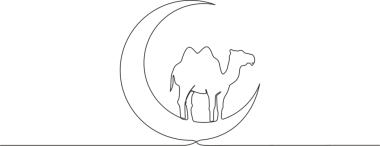 Devenin Ay 'da durduğu sürekli bir çizgi. Müslüman bayramı bir deve kurban etme, Kurban Bayramı tebrik kartı konsepti tek satır tasarım illüstrasyonu