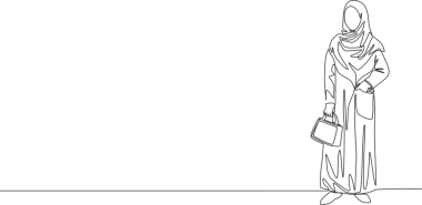 Geleneksel Arap kumaşına çizilmiş genç ve güzel bir kumaş. Poker çantası taşıyor. Güzel Asyalı kadın modeli moda tesettür moda konsepti tek çizgi tasarım illüstrasyonu