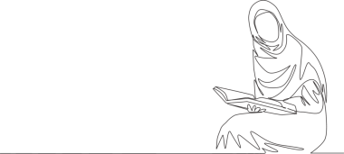 Kütüphanede türban okuyan genç ve çekici bir muslimah çizimi. Güzel Asyalı kadın modeli moda tesettür moda konsepti devamlı çizgi tasarım illüstrasyonunda