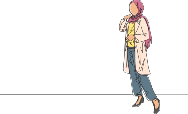 Başörtüsü takan genç ve mutlu bir muslimah 'ın tek bir çizgisi hoş bir poz veriyor. Güzel Asyalı kadın modeli moda tesettür moda konsepti devamlı çizgi tasarım illüstrasyonunda