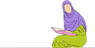 Kütüphanede türban okuyan genç ve çekici bir muslimah çizimi. Güzel Asyalı kadın modeli moda tesettür moda konsepti devamlı çizgi tasarım illüstrasyonunda