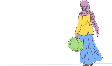 Başörtüsünün üzerinde şapkasını tutan genç ve mutlu bir muslimah çizimi. Güzel Asyalı kadın modeli moda tesettür moda konsepti tek çizgi tasarım illüstrasyonu