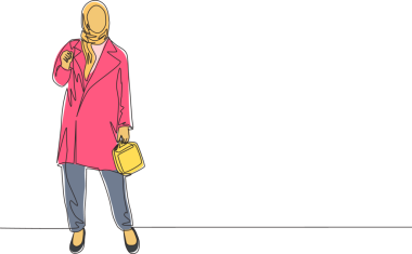 Genç mutlu müslüman pozunun tek bir çizimi duruyor ve takılmaya hazır. Güzel Asyalı kadın modeli moda tesettür moda konsepti devamlı çizgi tasarım illüstrasyonunda