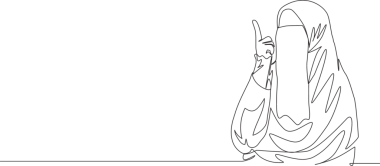 Burka giyip gökyüzünü işaret eden genç ve güzel bir Asyalı muslimah çizimi. Geleneksel İslami kadın niqab elbise konsepti tek çizgi tasarım illüstrasyonu