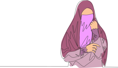 Burka giyerek elini tutan Asyalı genç ve güzel bir muslimah çizimi. Geleneksel güzel İslami kadın niqab elbise konsepti tek çizgi tasarım illüstrasyonu
