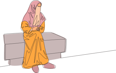 Sandalyeye oturmuş çarşaf giyen genç ve çekici orta doğu muslimah çizimleri. Geleneksel güzel müslüman kadın niqab tesettür konseptiyle bir satır tasarım illüstrasyonu