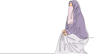 Genç ve çekici bir Orta Doğu Muslimah 'ın sandalyede burka giydiği tek bir çizim. Geleneksel güzel Arap kadın niqab kumaş konsepti devamlı çizgi çizimi tasarım illüstrasyonu