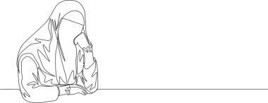 Çarşaf giymiş genç ve güzel Suudi Arabistan Muslimah 'ının aralıksız çizimi ve ciddi ciddi düşünceli. Geleneksel Müslüman kadın niqab tesettür konseptiyle bir satır tasarım illüstrasyonu