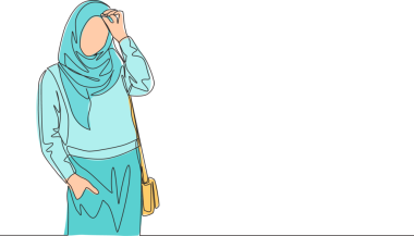 Kafasında eşarp çanta taşıyan genç ve mutlu bir kız çizimi. Sevimli Asyalı kadın modeli moda tesettür moda konsepti devamlı çizgi tasarım illüstrasyonunda