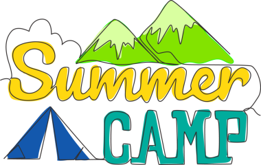 Sevimli ve muhteşem yaz etkinliği tipografisinin tek satır çizimi: Yaz Kampı. Baskı, kart, pankart, poster için kaligrafik tasarım. Bir çizgi çizimi tasarım illüstrasyonu