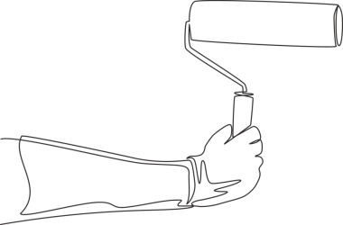 Boya silindiri kullanarak duvarları boyayan genç bir tamircinin sürekli çizdiği tek çizgi. Ev bakımı hizmeti konsepti bir satır tasarım illüstrasyonuName