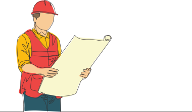 Genç ve çekici mimarın çizim yapısını kontrol ettiği tek bir çizgi çizimi. Ev bakımı hizmeti konsepti bir satır tasarım grafik illüstrasyonuName