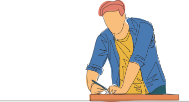 Kesmek için ahşap tahta ölçen yakışıklı bir genç çizgisi. İnşaat hizmeti konsepti inşa ediliyor tek çizgi tasarım illüstrasyonu