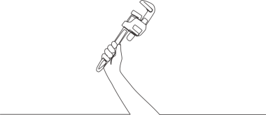 Paslanmaz çelik boru anahtarı tutan tek bir adam çizimi. Tamirci aletleri konsepti. Devamlı çizim tasarımı illüstrasyonu