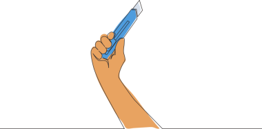 Kesici bıçak tutan adamın tek bir çizgisi. Tamirci aletleri konsepti. Devamlı çizim tasarımı illüstrasyonu