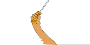 Sürekli el ele tutuşan bir tornavida çizimi. Tek çizgi çizimi tasarım illüstrasyonu