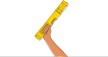 Baloncuk ruhu ya da ruh seviyesini koruyan bir insan çizgisi. Tamirci aletleri konsepti. Tek çizgi çizimi tasarım illüstrasyonu