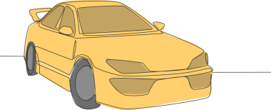 Bir sıra spor sedan araba çizimi. Şık ve modaya uygun araç taşıma konsepti. Tek ve kesintisiz çizgi çizimi