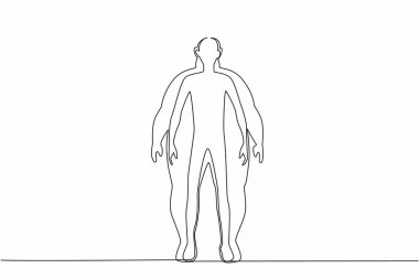 Şişman vücut siluetinin içinde ince vücutlu bir kadının siluetini çizen tek sıra. Toplumda ideal vücut standartlarına ulaşmak için mücadele ediyor. Dünya Obezite Günü. Bir çizgi tasarımı vektör illüstrasyonu