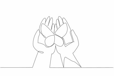 Tek sıra halinde iki açık avuca kelebekler konuyor. Yeni bir umut doğuyor. Farklılıkları hoş karşılamaya açık. Yenilenme. Sıfır Ayrımcılık Günü. Bir çizgi tasarımı vektör illüstrasyonu