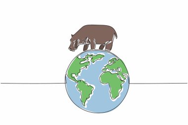 Single continuous line drawing globe with a hippopotamus on top. The interconnectedness of animals and earth. Maintain the balance of nature. World Wildlife Day. One line design vector illustration clipart